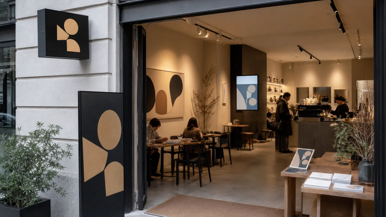 Identité visuelle déployée dans un café galerie avec façade, signalétique et supports