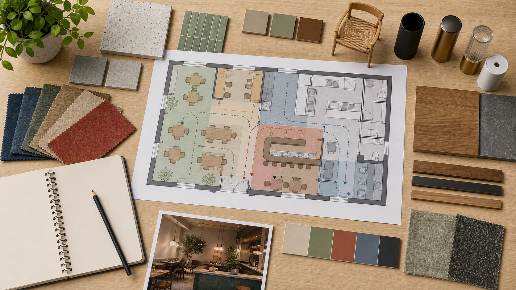 Plan de rénovation restaurant avec zoning, matériaux et flux de service