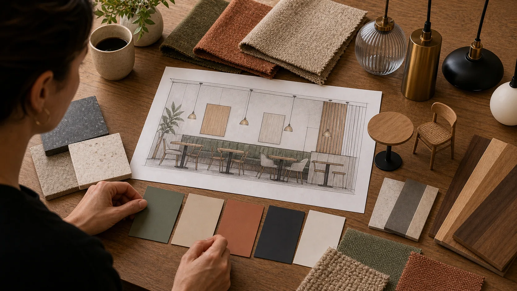 Sélection de matières, tissus et luminaires pour décoration de restaurant durable