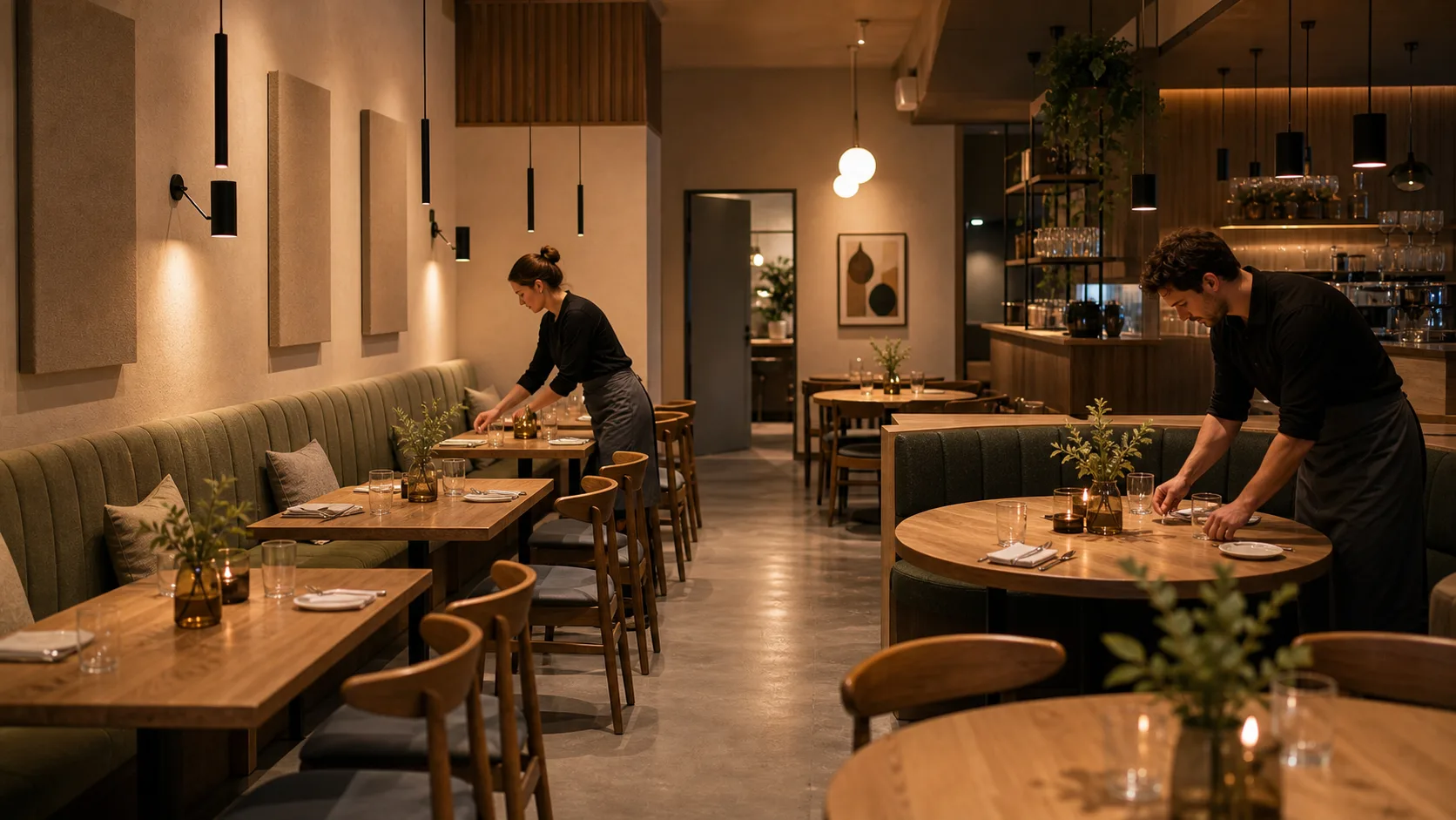 Salle de restaurant préparée avant service avec lumière, acoustique et circulation