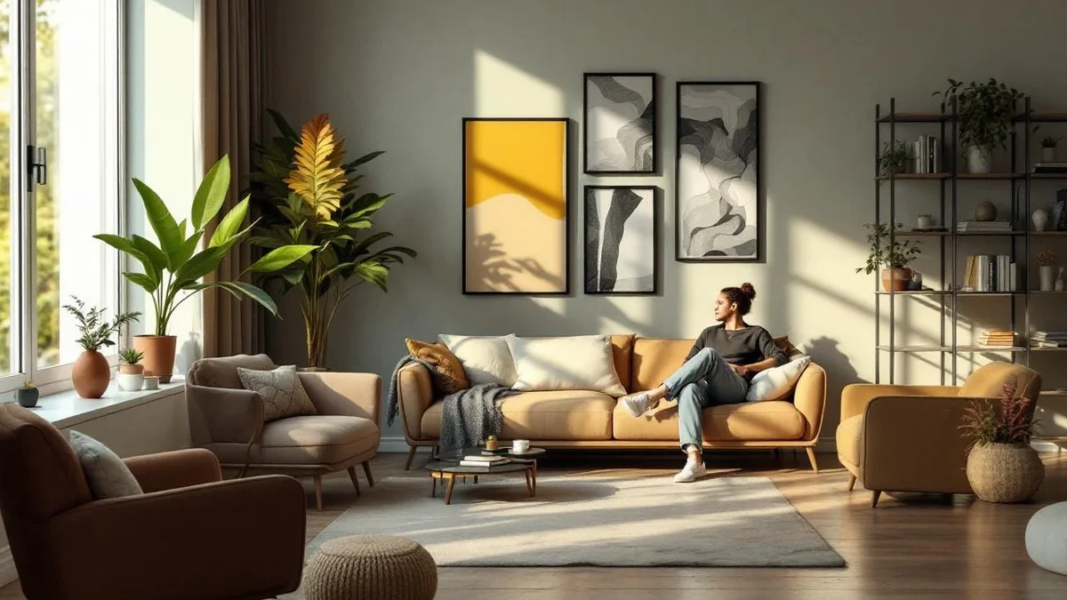 Coin bureau compact intégré dans un salon, chaise ergonomique, étagères verticales, lumière latérale