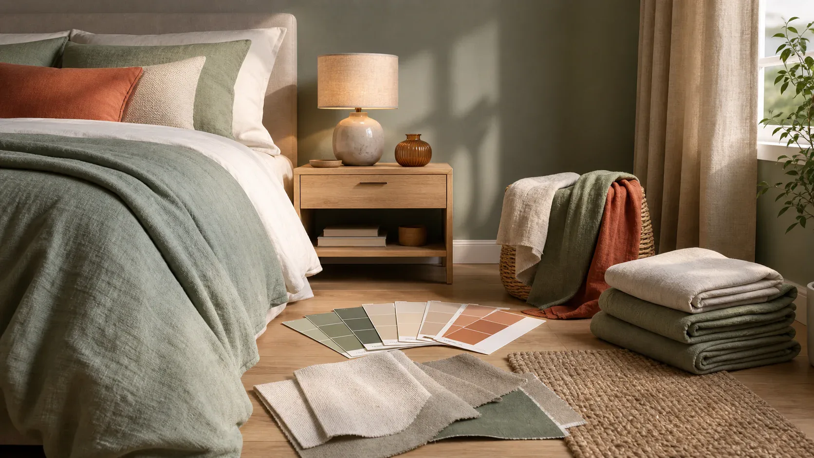 Échantillons de couleurs, textiles de lit, lampe de chevet et rideaux dans une chambre en cours de décoration