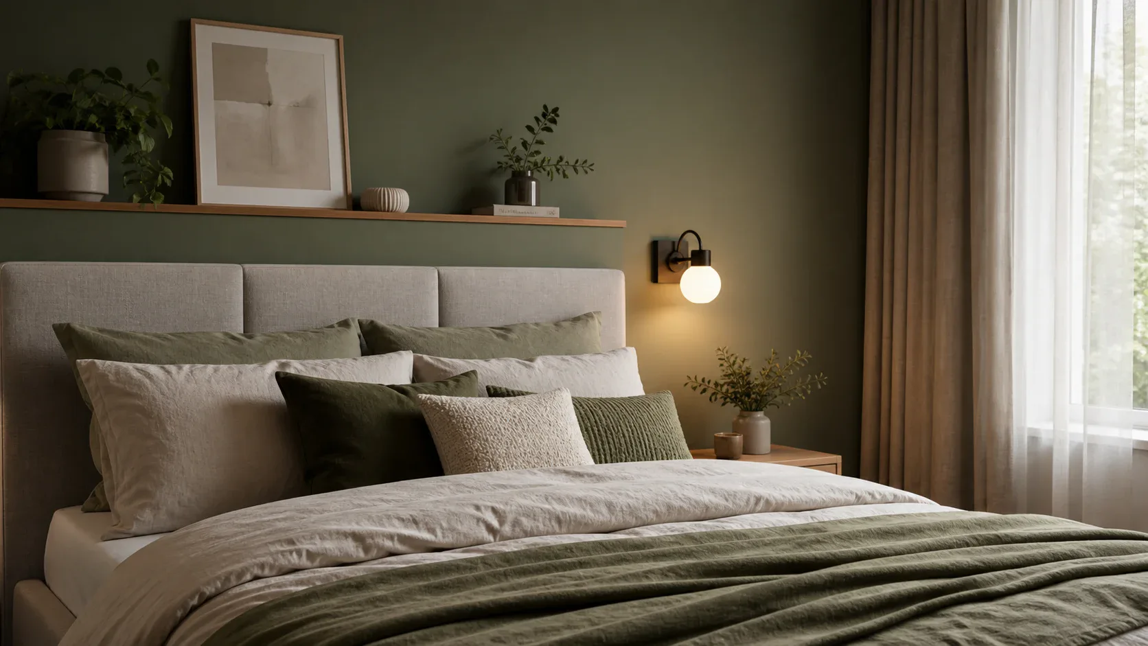 Chambre moderne avec mur vert sauge derrière le lit, tête de lit textile, linge coordonné et appliques chaudes