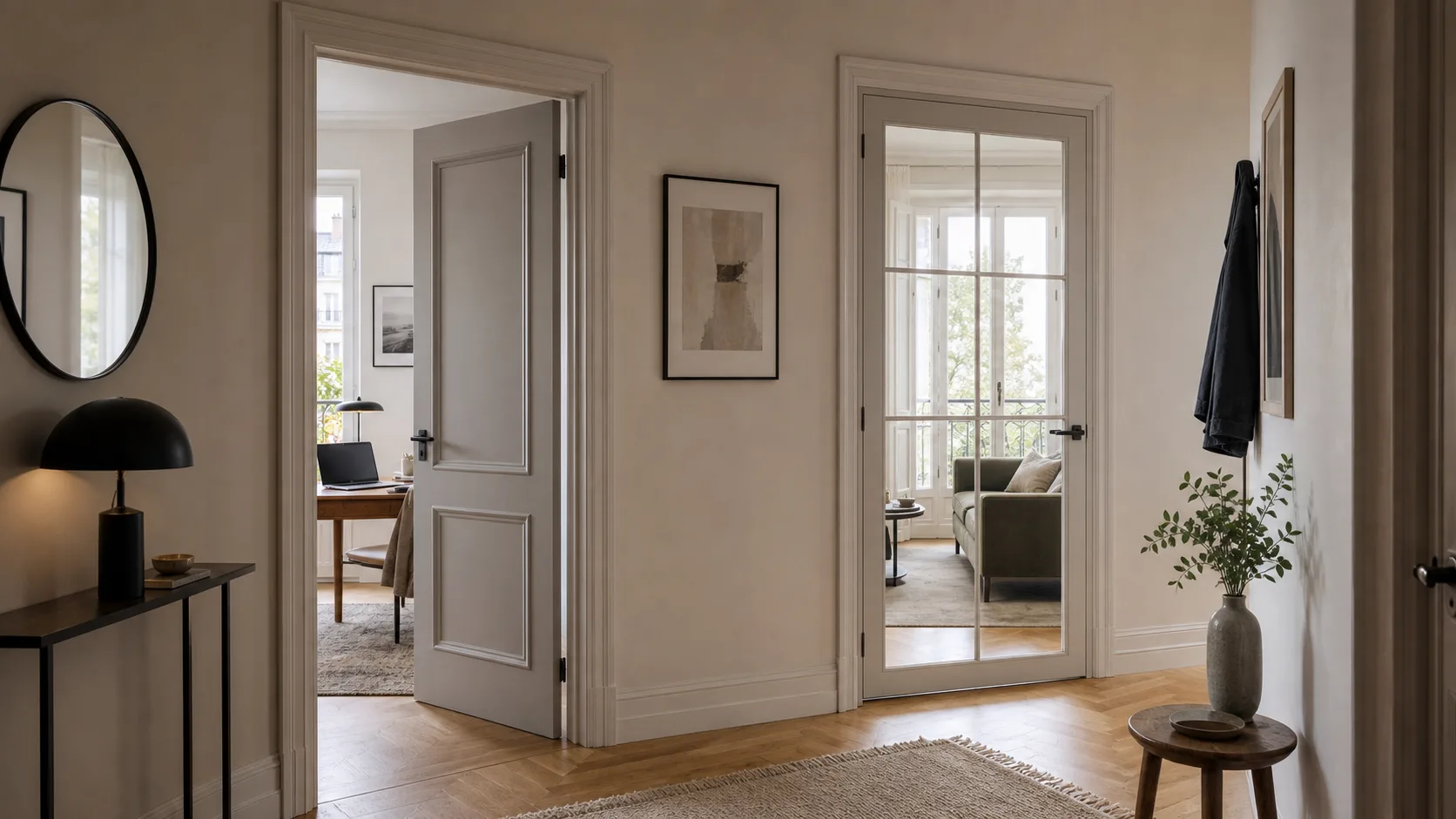 Couloir intérieur avec porte pleine et porte vitrée pour comparer lumière et intimité