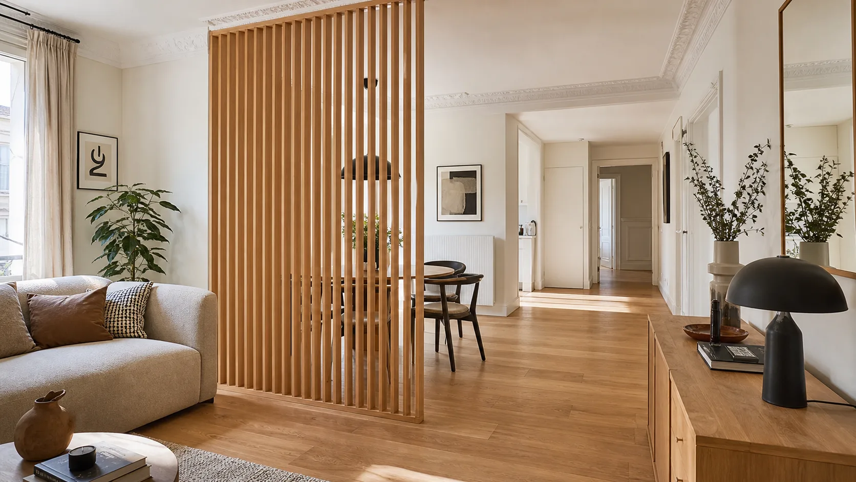 Claustra intérieur en bois séparant un salon lumineux