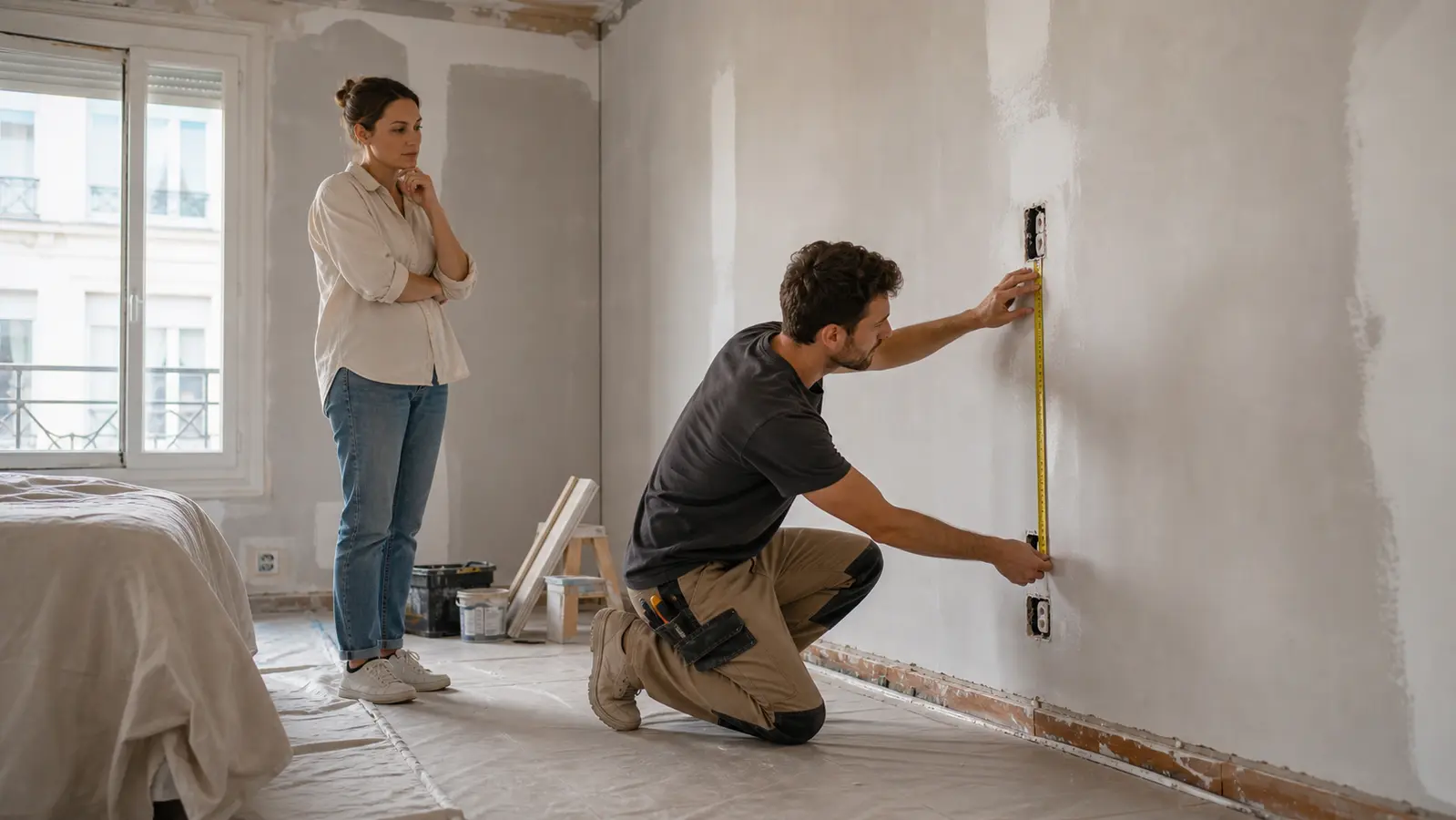 Mesure d'un mur et d'une prise avant devis de rénovation de chambre