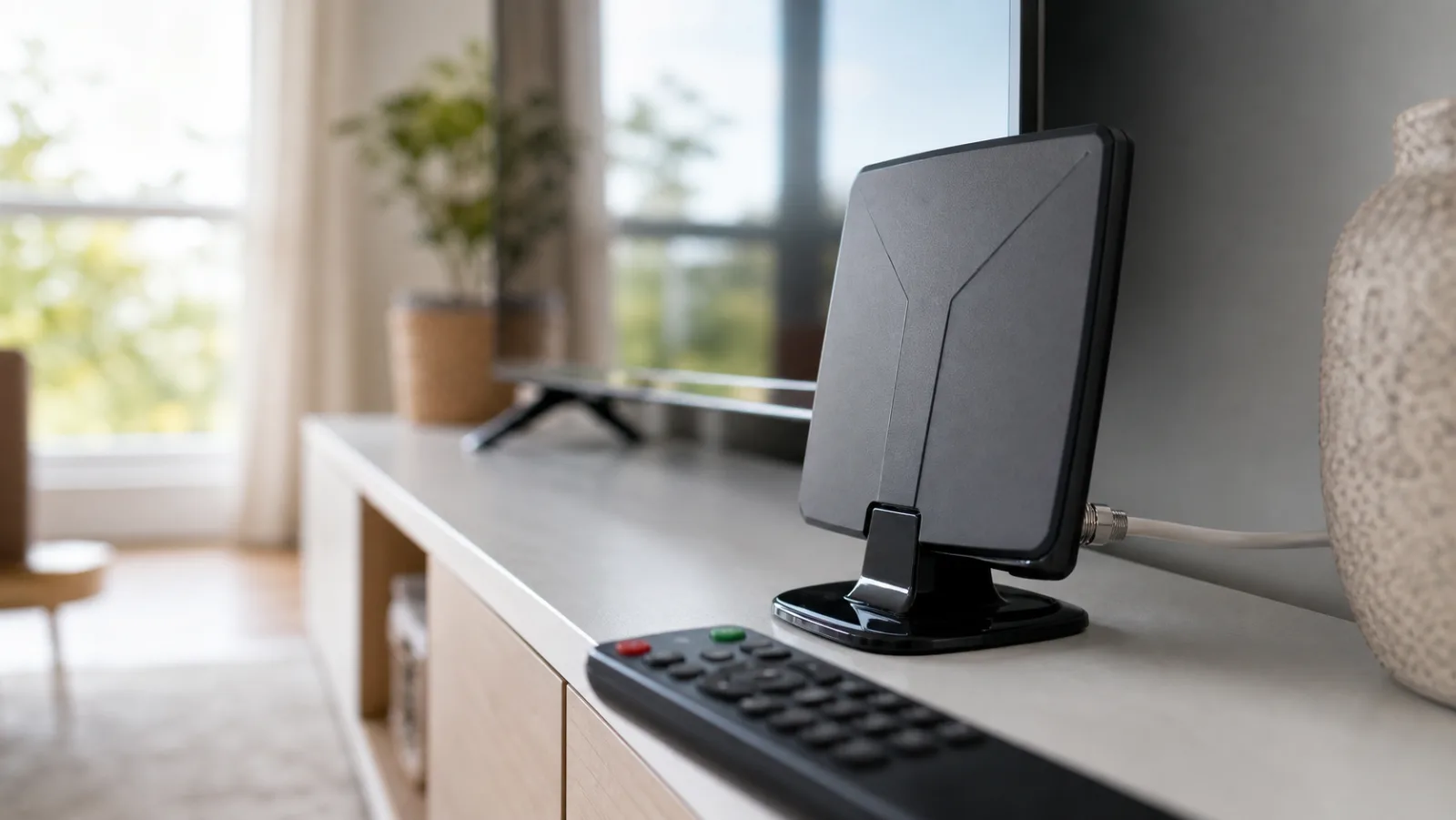 Antenne TV intérieure et câble coaxial installés près du téléviseur