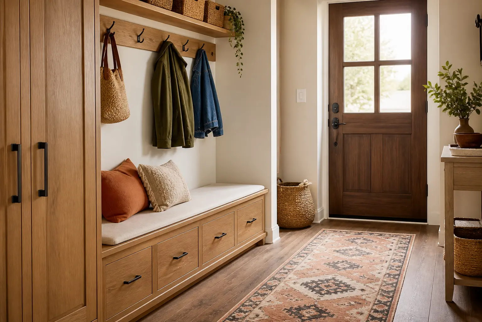 entrée familiale avec banc de rangement fermé patères et tapis lavable