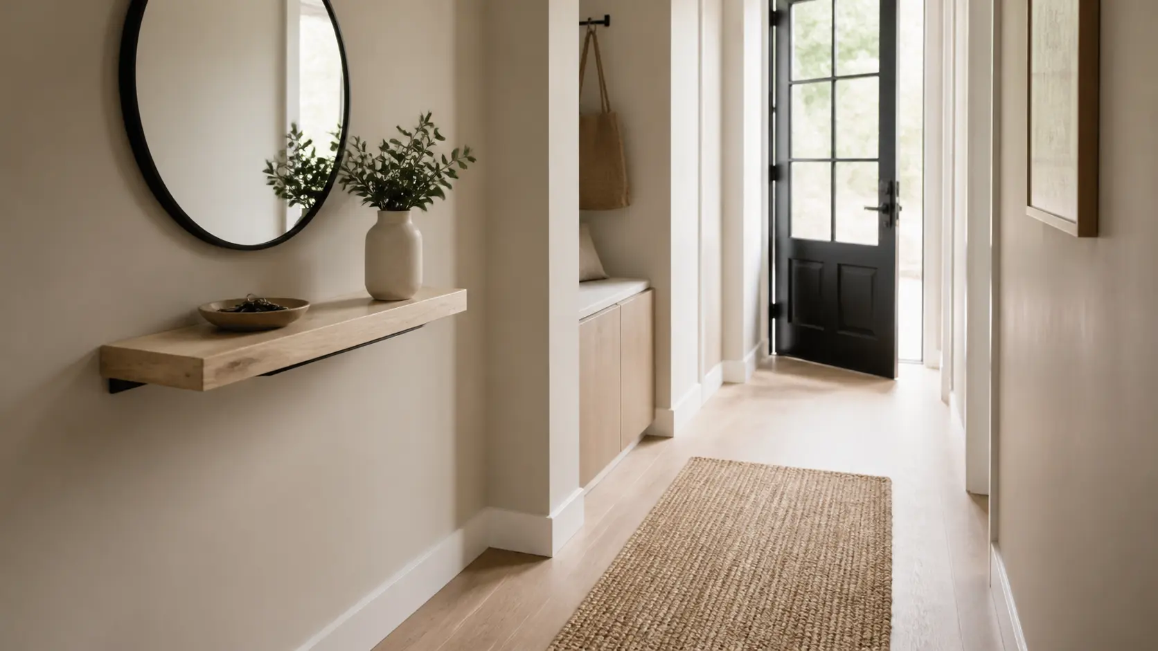 entrée étroite avec tablette suspendue miroir rond et tapis en fibres naturelles