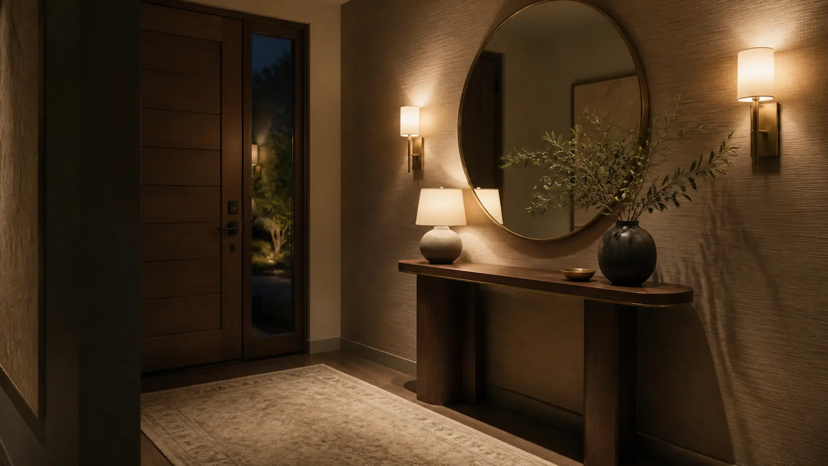entrée élégante le soir avec miroir rond console et éclairage chaleureux