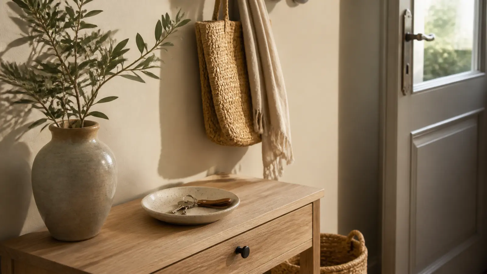 détail déco d’entrée avec bois clair céramique panier naturel et vide-poche