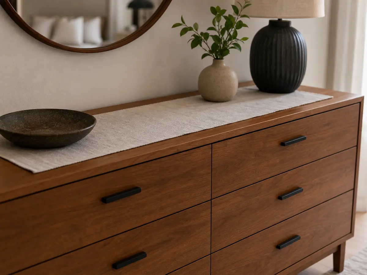Commode en merisier modernisée avec poignées sobres et décoration claire