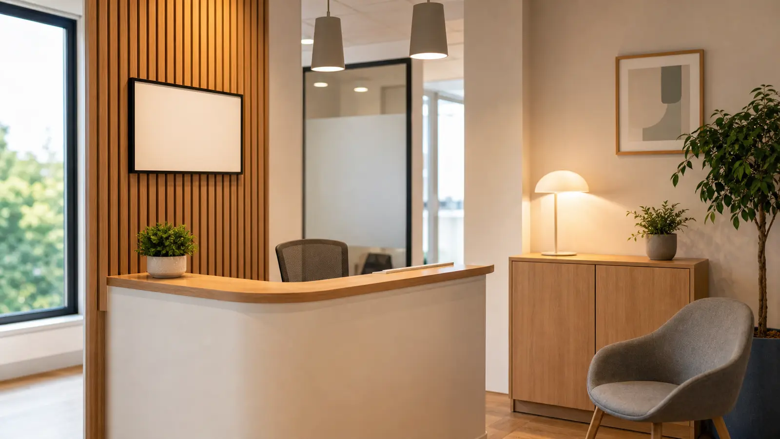 Coin accueil professionnel avec éclairage indirect, plante et décoration sobre
