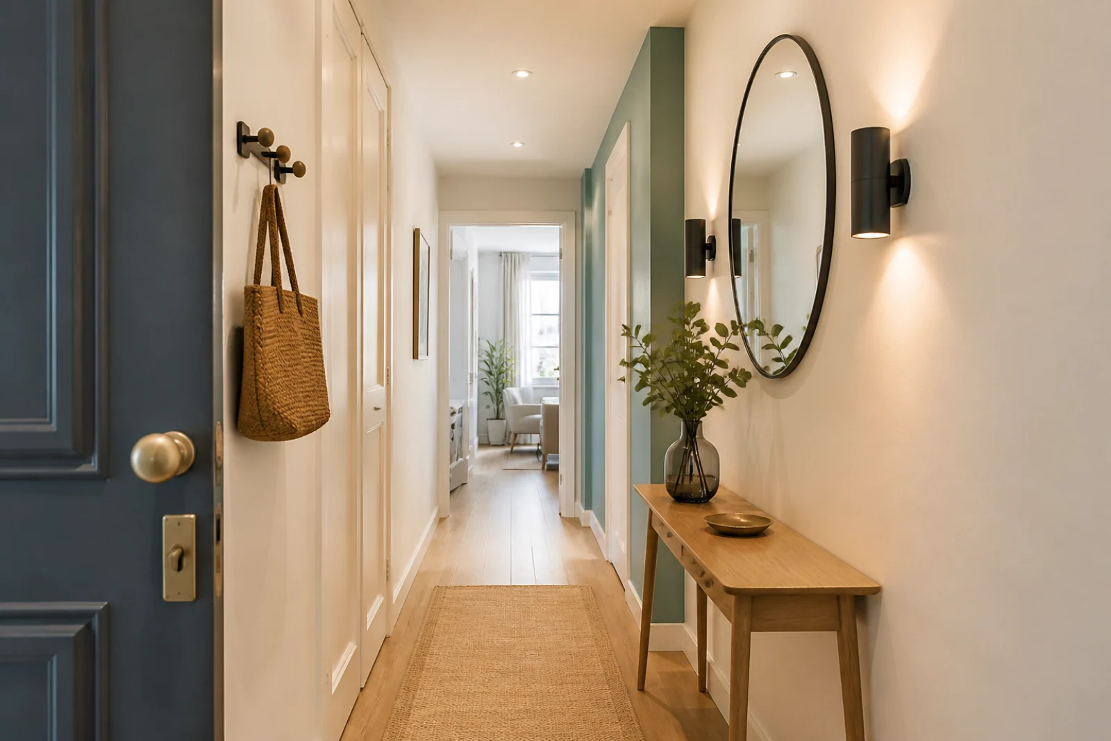 Couloir étroit décoré avec miroir, éclairage mural et passage dégagé