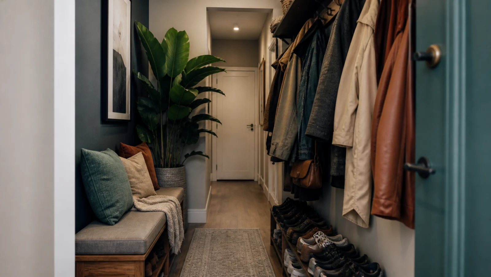 Couloir étroit encombré par un banc trop large, des manteaux et des chaussures