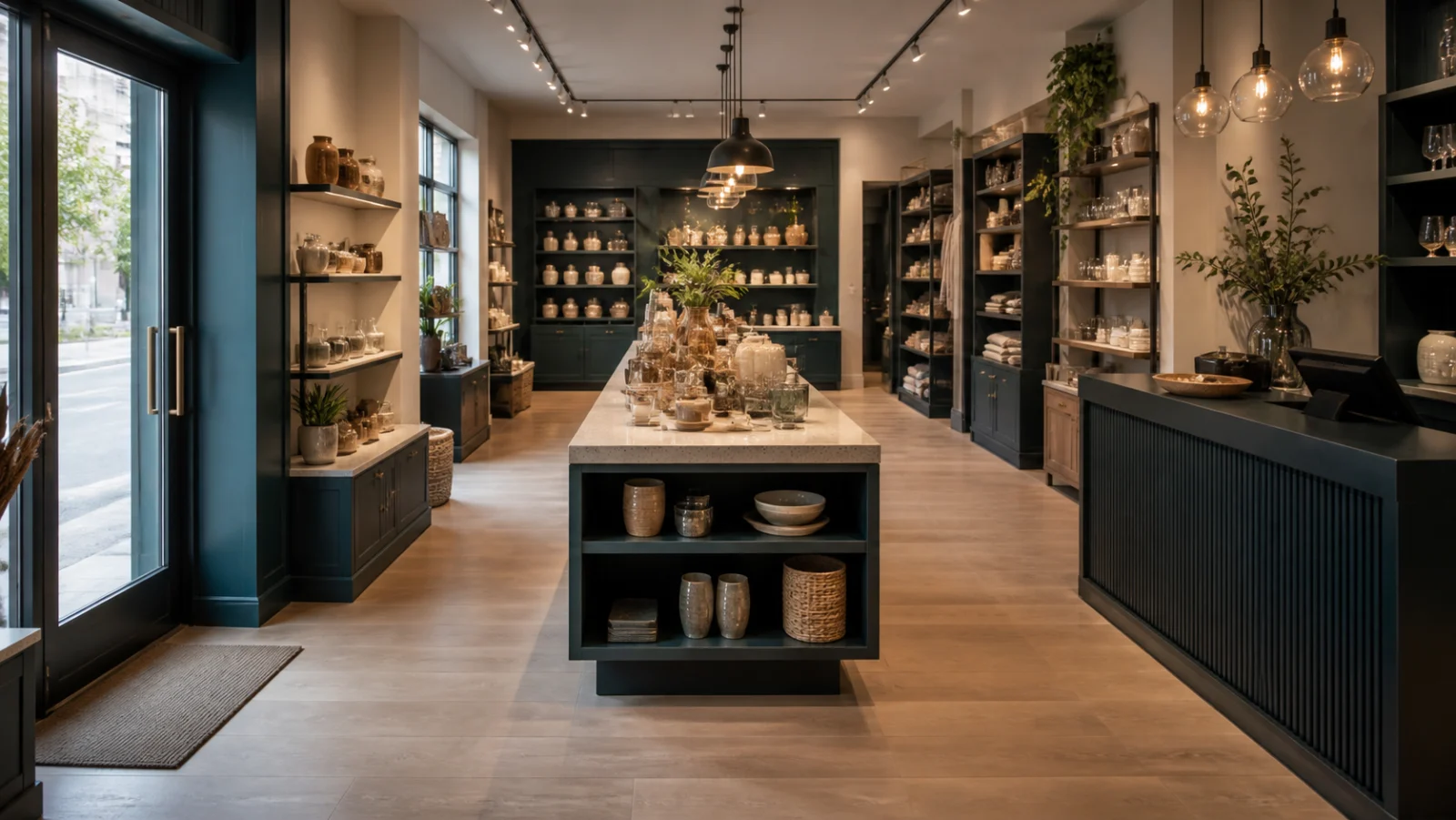 boutique compacte avec allee degagee ilot central rayonnages et comptoir lateral