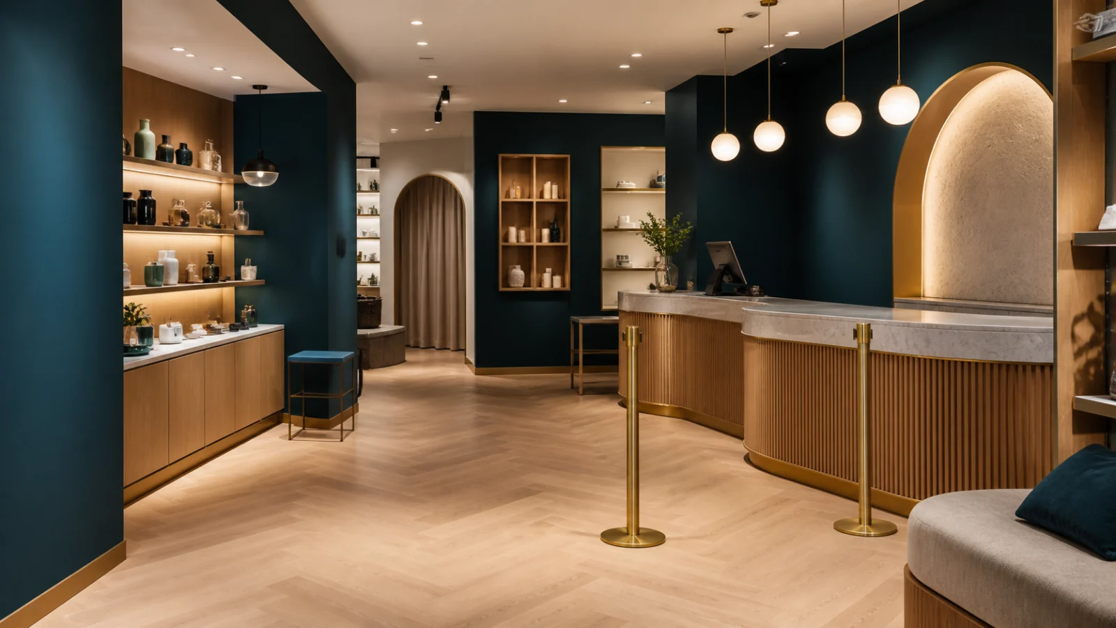 zone caisse et attente dans une boutique elegante avec circulation degagee