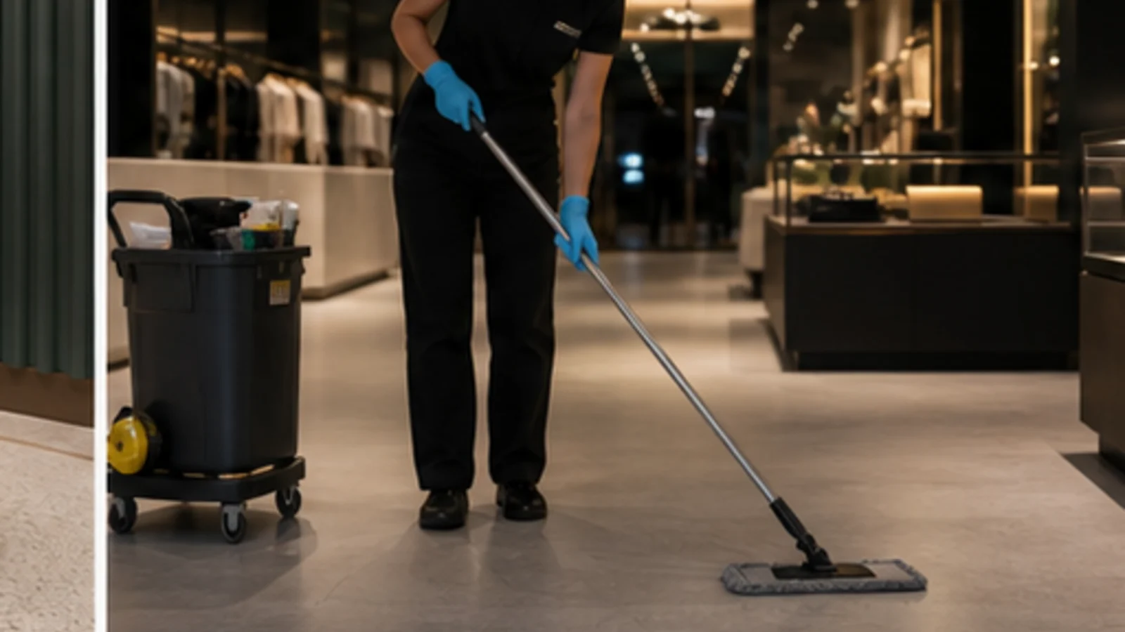 entretien de sol et surfaces dans une boutique apres fermeture