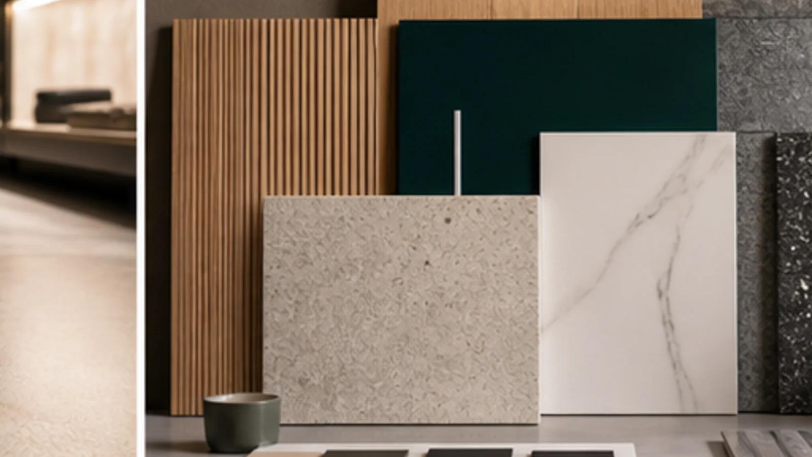 echantillons de murs pour commerce avec bois peinture pierre et panneaux decoratifs