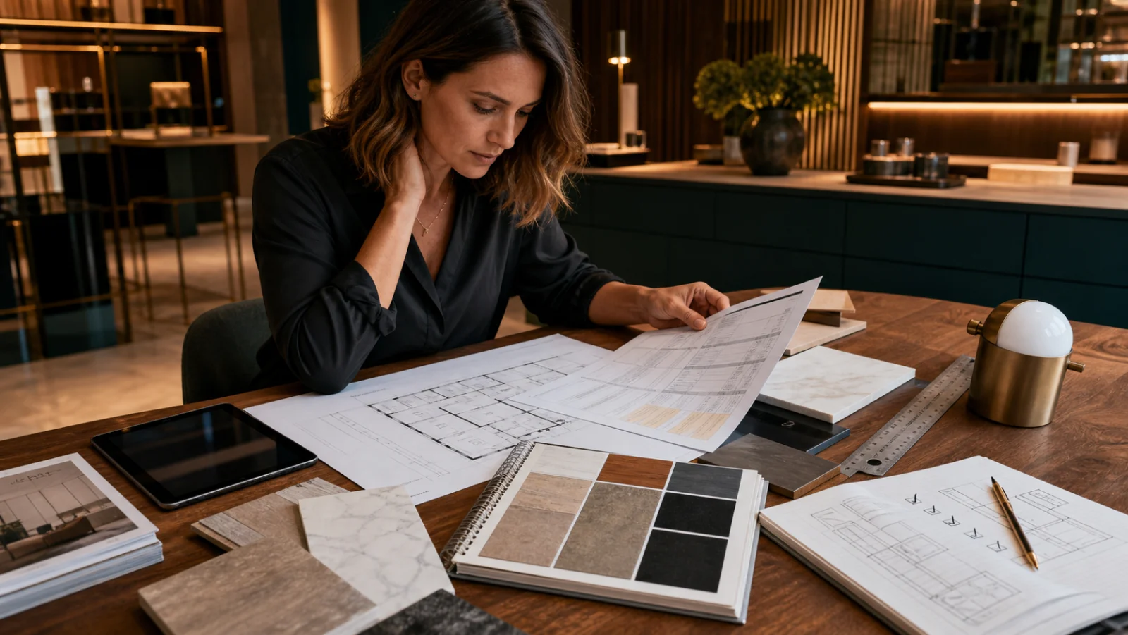 designer qui relit un devis d aménagement commercial avec plan et échantillons