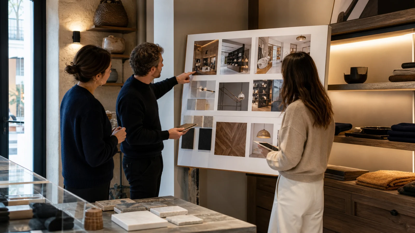 équipe design qui arbitre le phasage d un commerce avec planches de matériaux