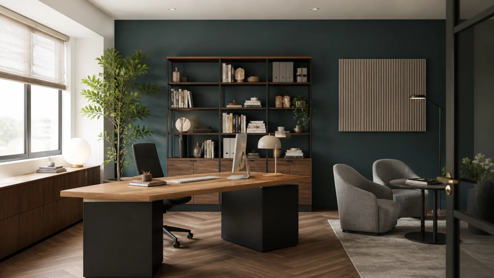 bureau professionnel décoré avec mur bleu vert, rangements fermés et espace rendez-vous