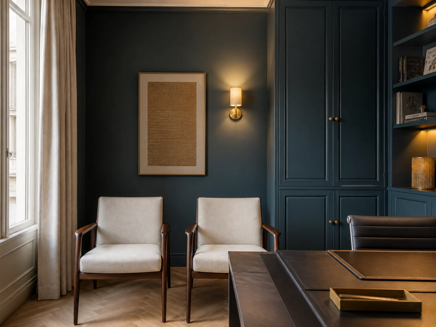 vue visiteur d’un bureau professionnel avec fauteuils, rangement fermé et fond visio crédible