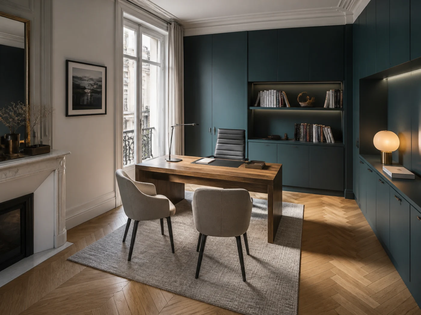 bureau professionnel compact avec zone de travail, fauteuils visiteurs et rangements intégrés