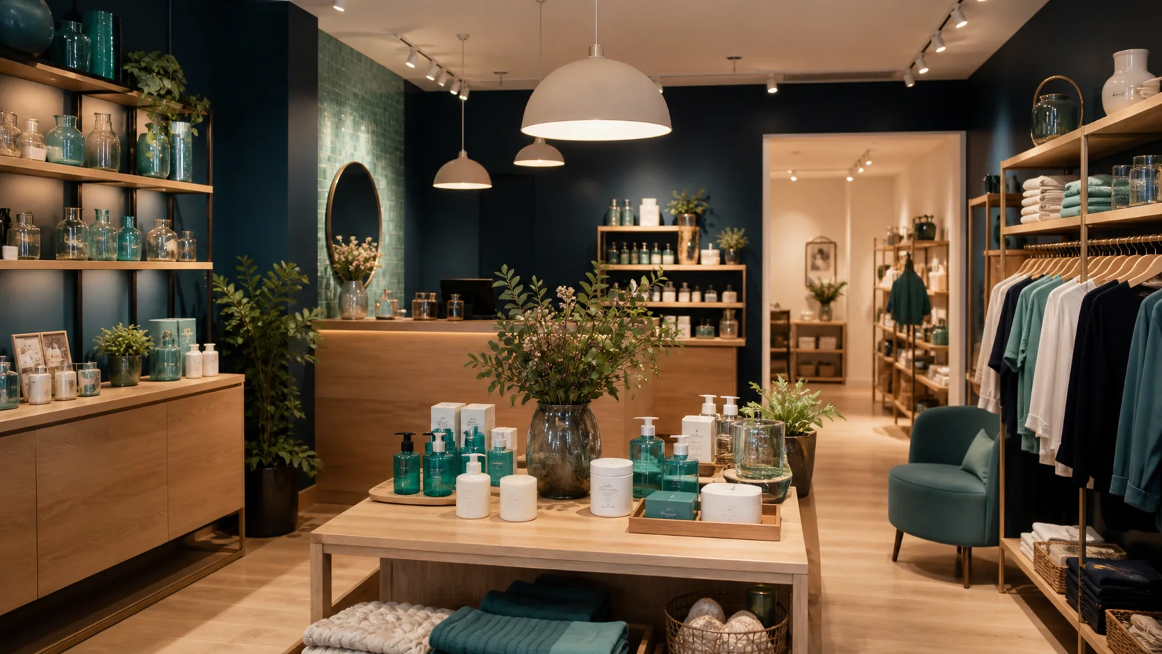 Boutique premium avec palette cohérente et matières chaleureuses
