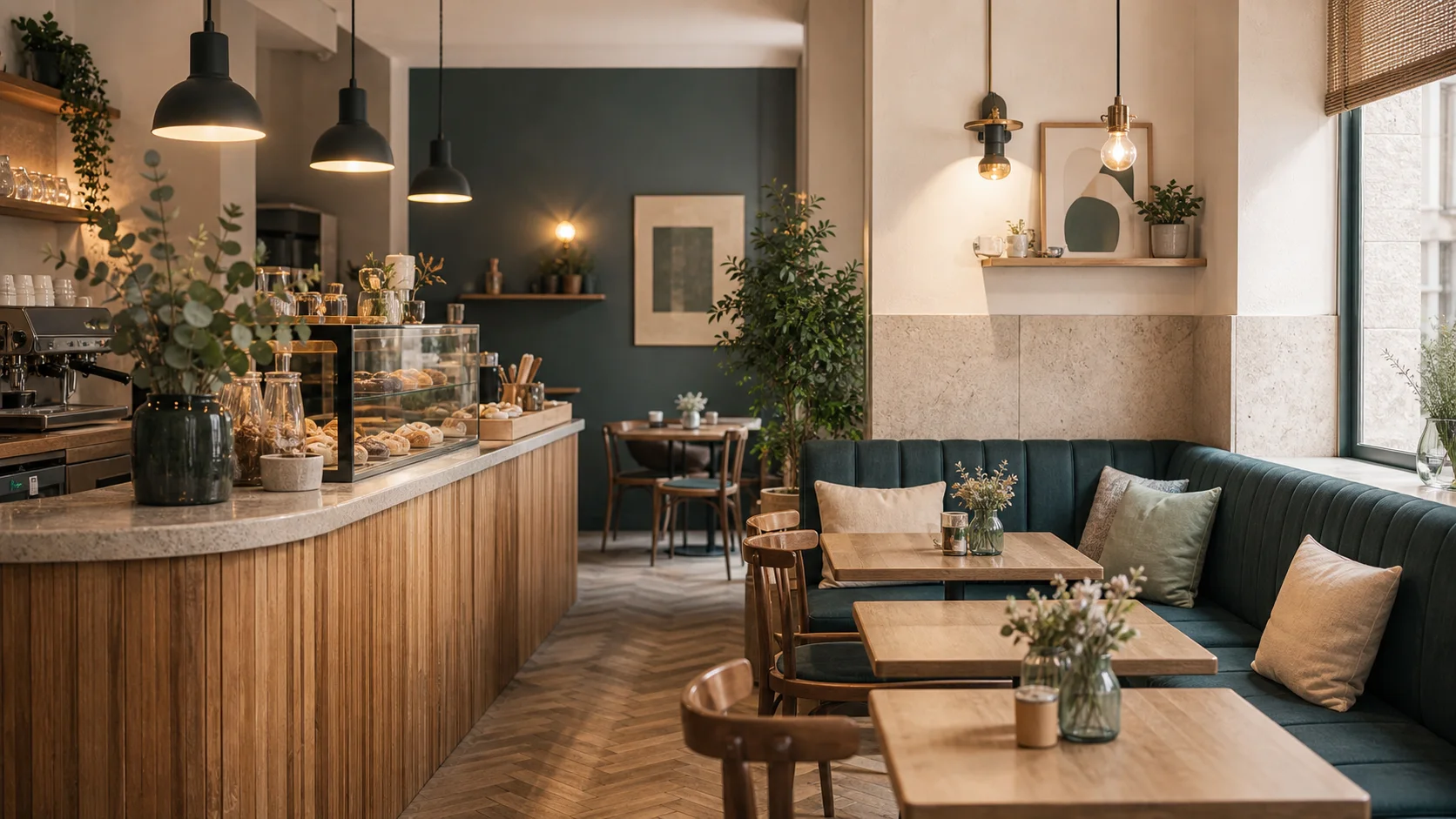 Café restaurant compact avec ambiance de marque cohérente