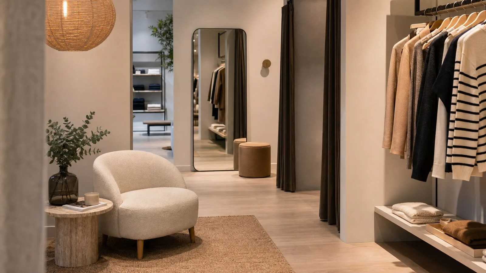 Coin essayage et conseil client avec miroir et assise confortable