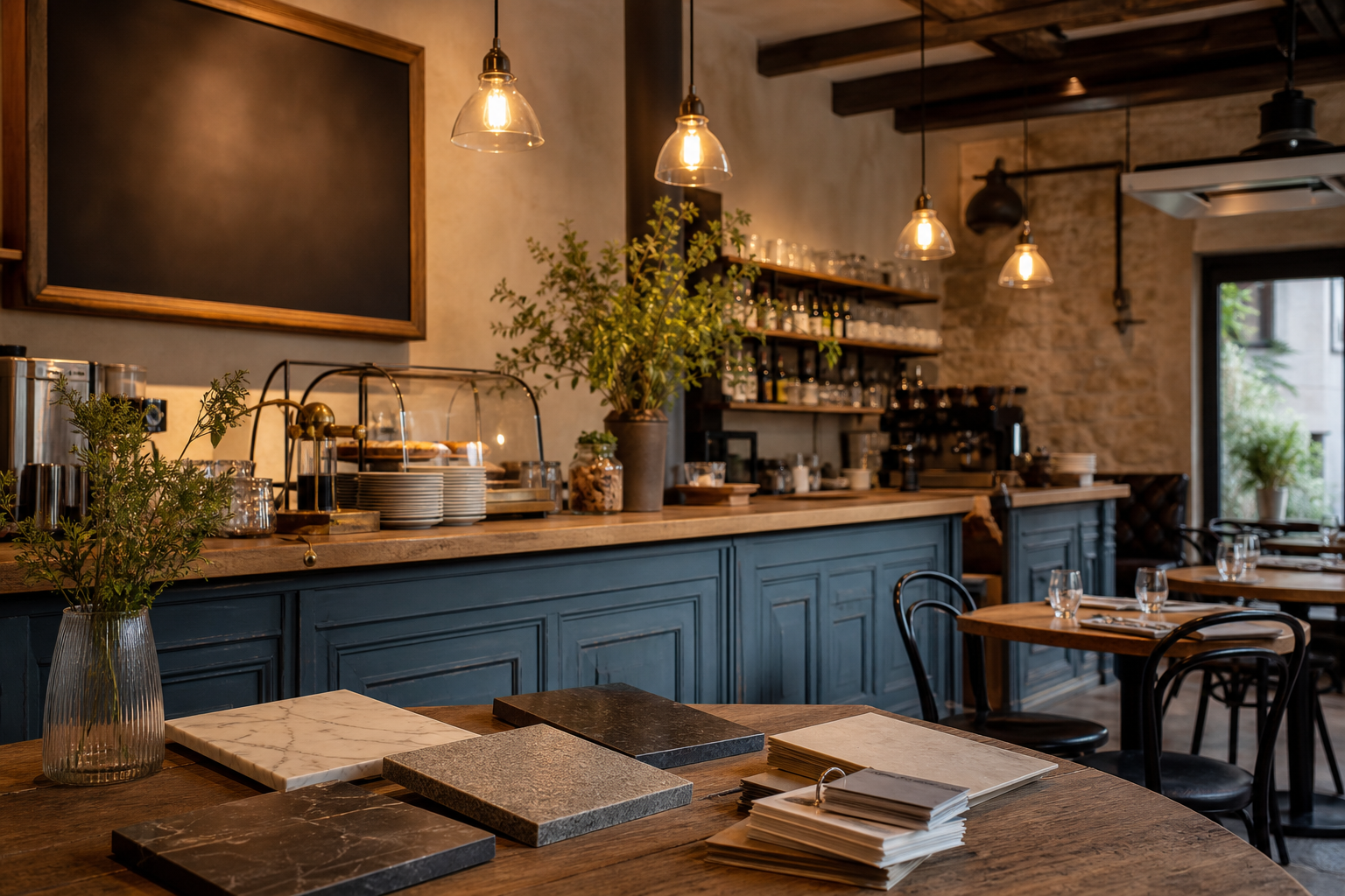 Comptoir de café rénové avec éclairage chaud et matériaux durables