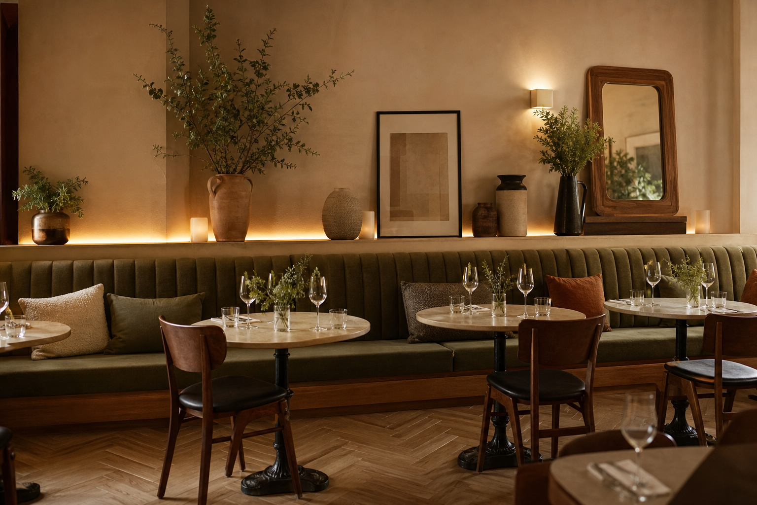 Salle de café rénovée avec banquette et éclairage indirect