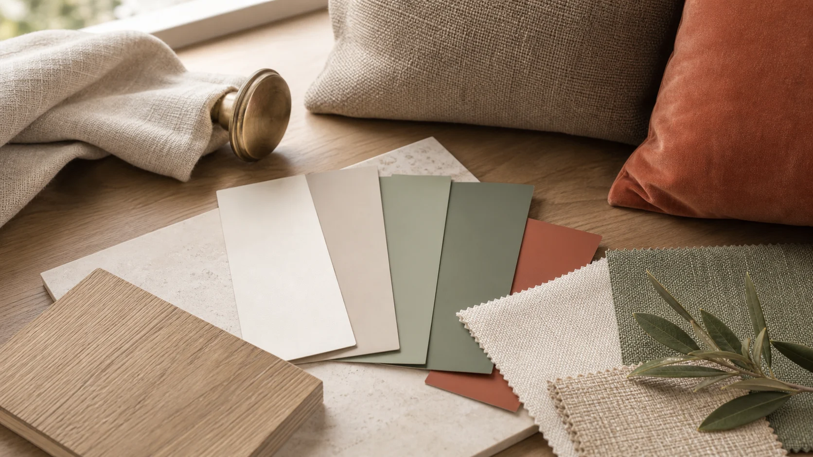 Palette de couleurs intérieure avec matières naturelles et accents doux