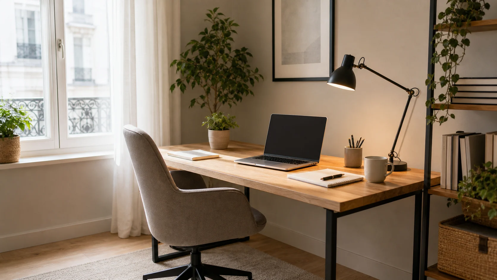 bureau près d’une fenêtre avec lampe de tâche