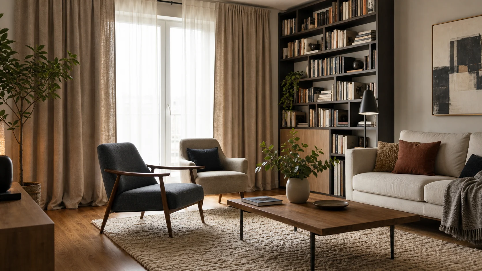 salon avec tapis rideaux et bibliothèque pour réduire l’écho