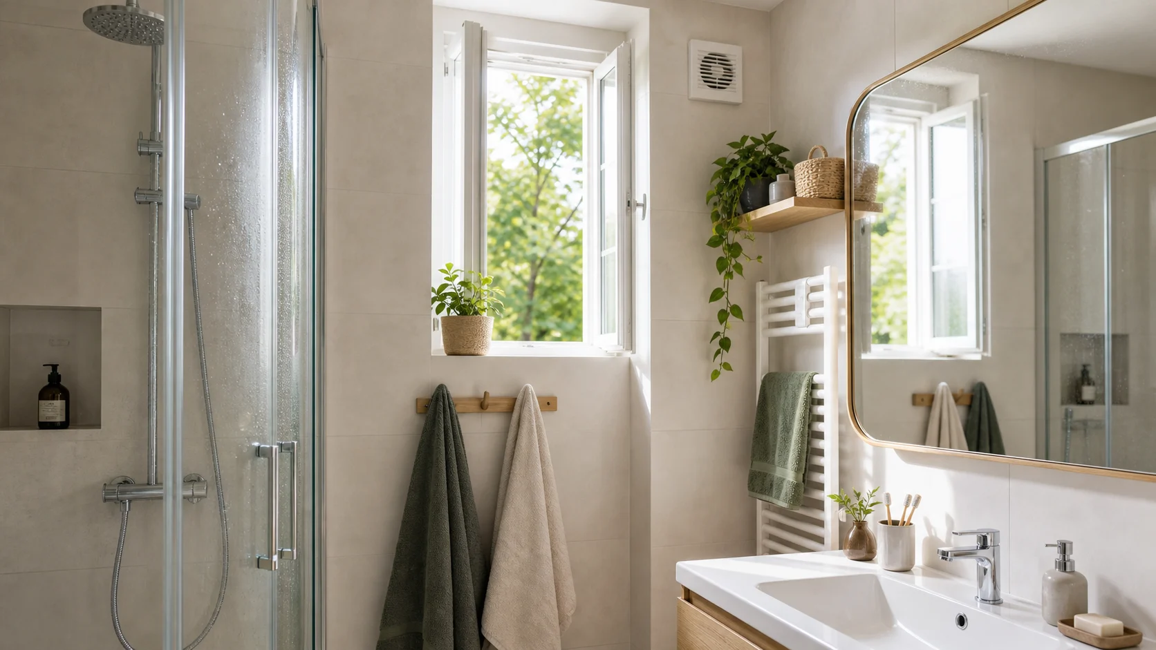 salle de bain lumineuse avec ventilation et peu de buée
