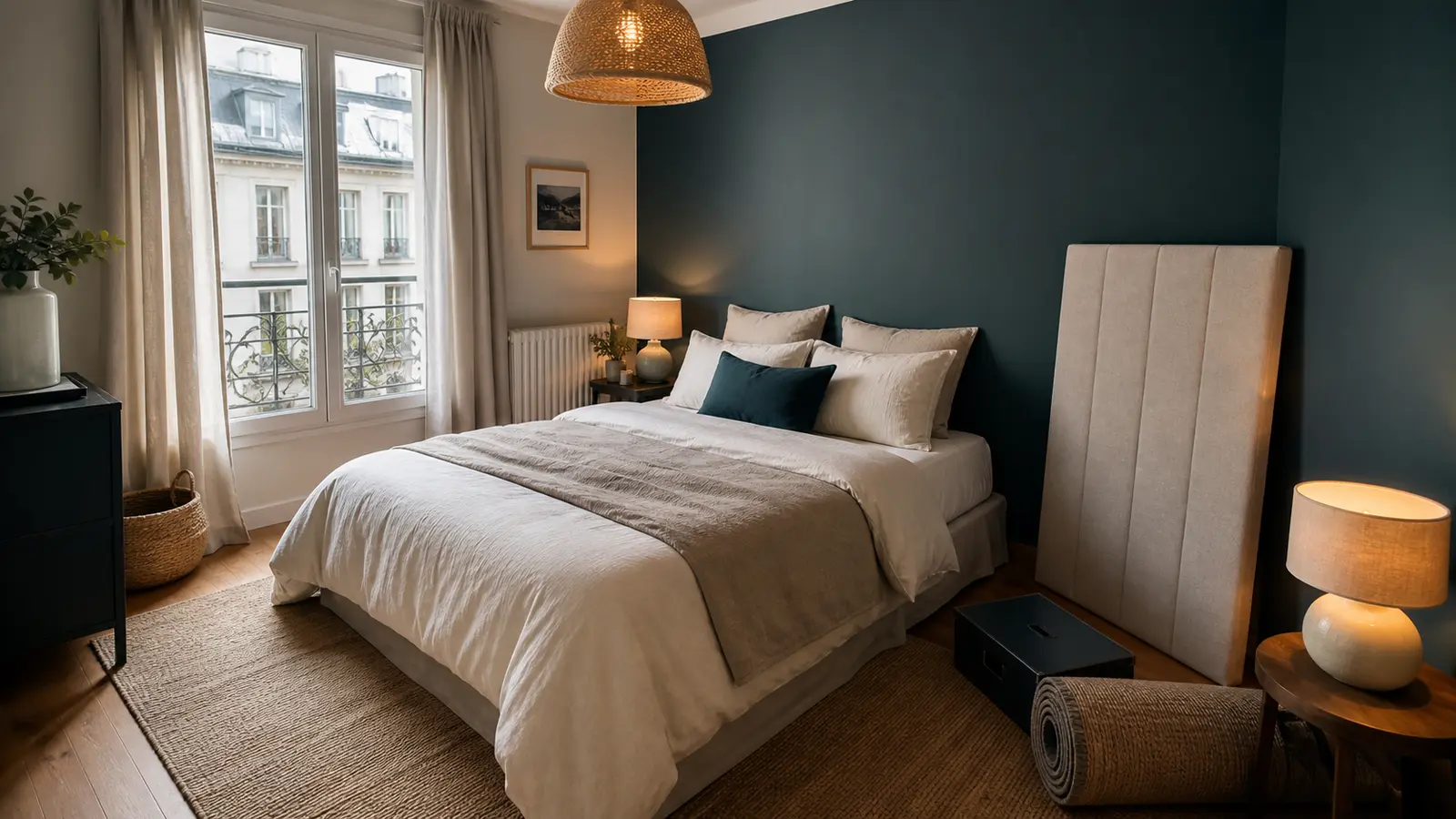 Chambre en cours de transformation avec tête de lit, tapis et éclairage