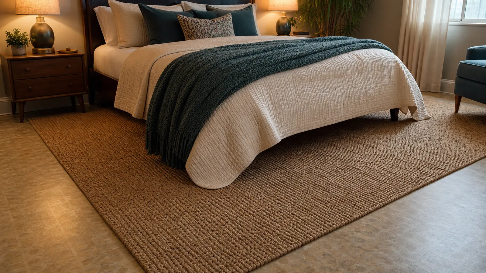 Grand tapis placé sous le lit pour améliorer un sol sans le déposer