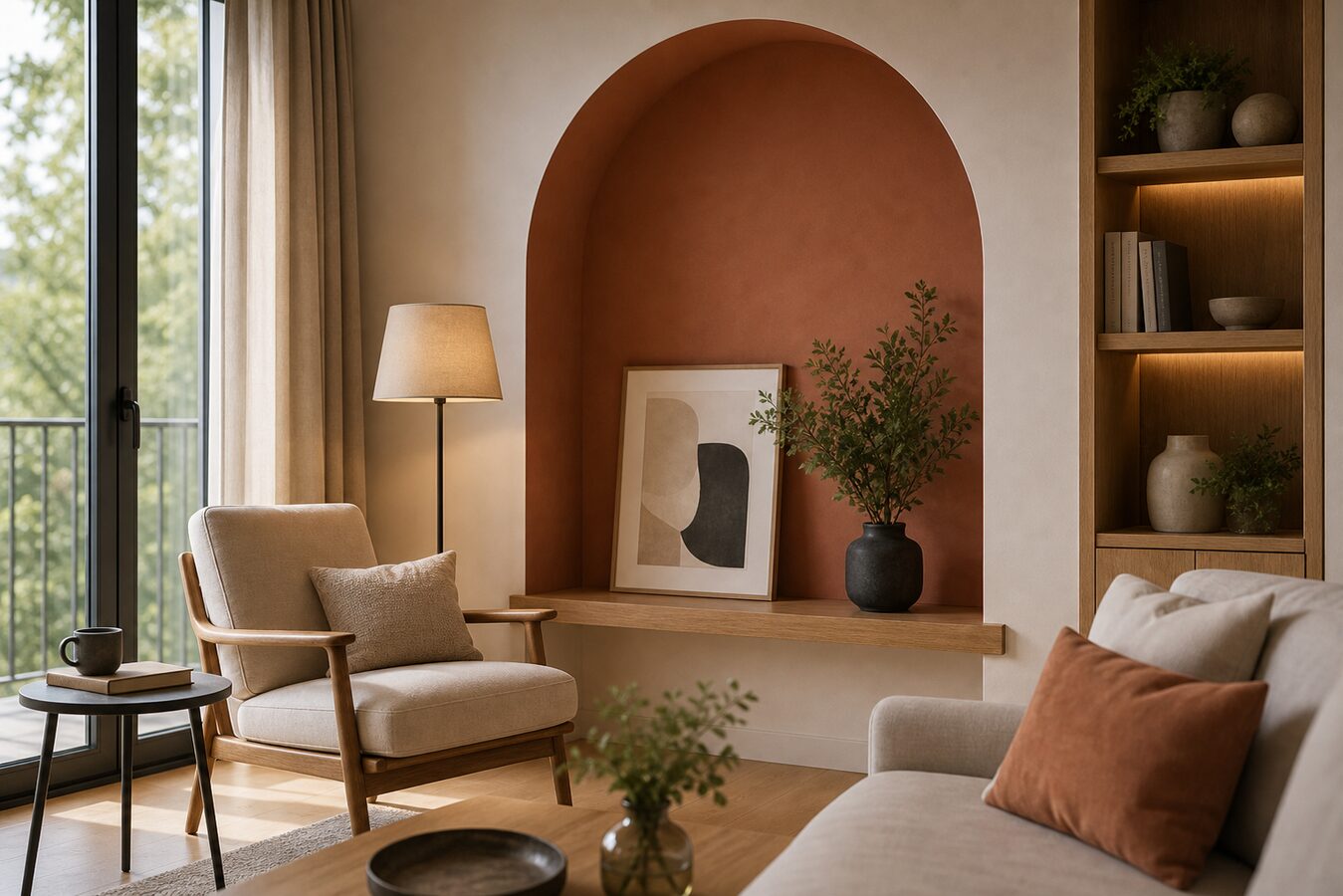 Coin lecture encadré par une arche terracotta dans un salon