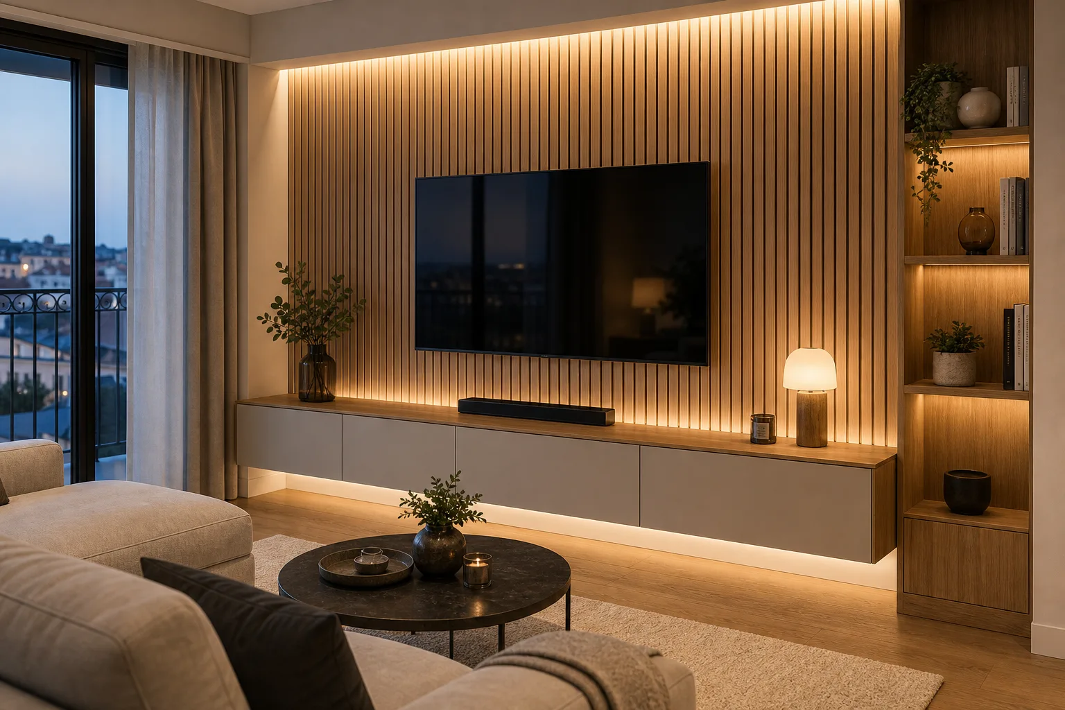 Mur TV modernisé avec panneau bois vertical et éclairage doux