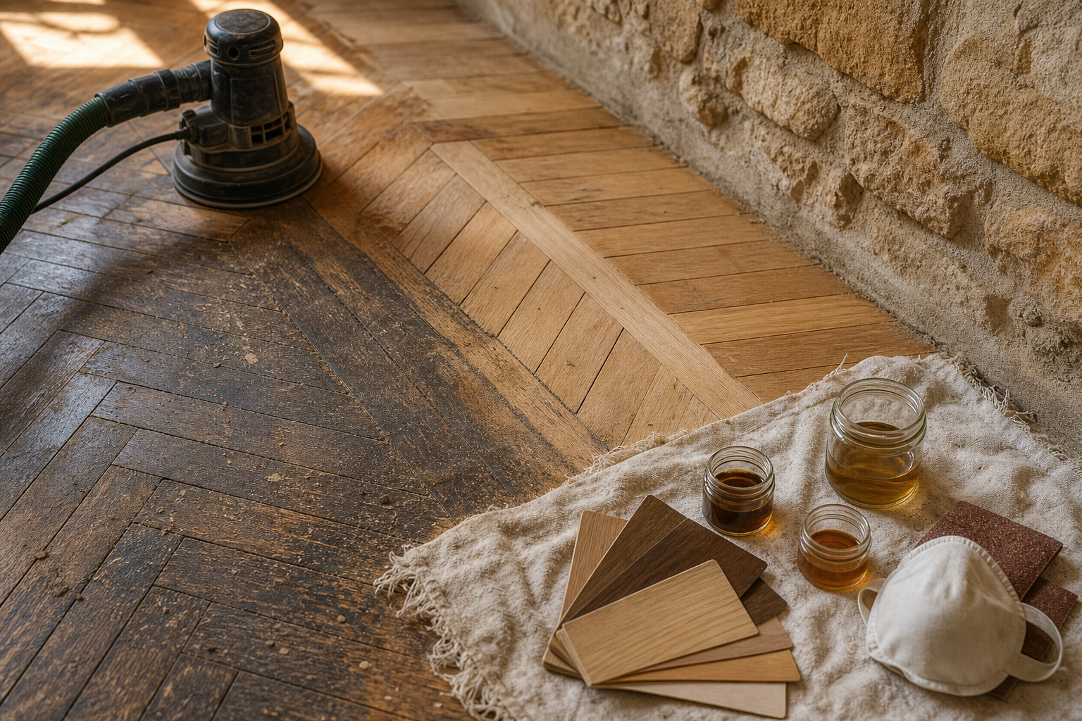 Détail de parquet ancien restauré près d’un mur en pierre