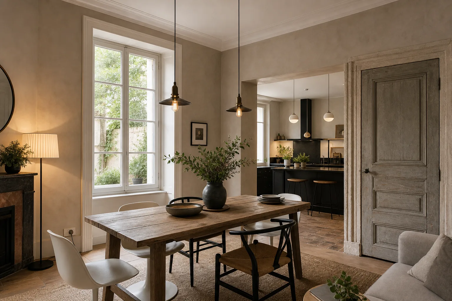 Salle à manger de maison ancienne avec murs clairs, table en bois et lumière naturelle