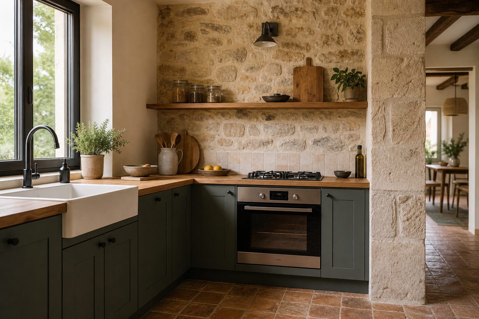 Cuisine rénovée dans une maison ancienne avec mur en pierre et lignes contemporaines