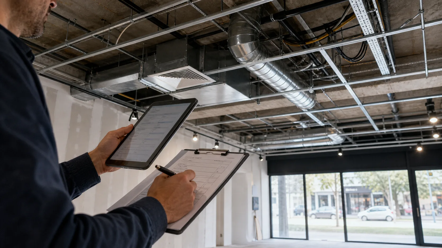 Inspection des réseaux techniques dans un local commercial avant travaux