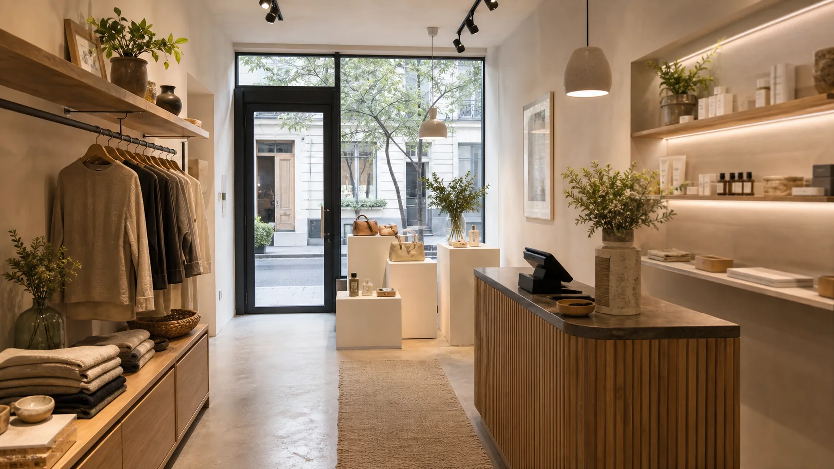 Petite caisse et vitrine dans une boutique de 20 m²
