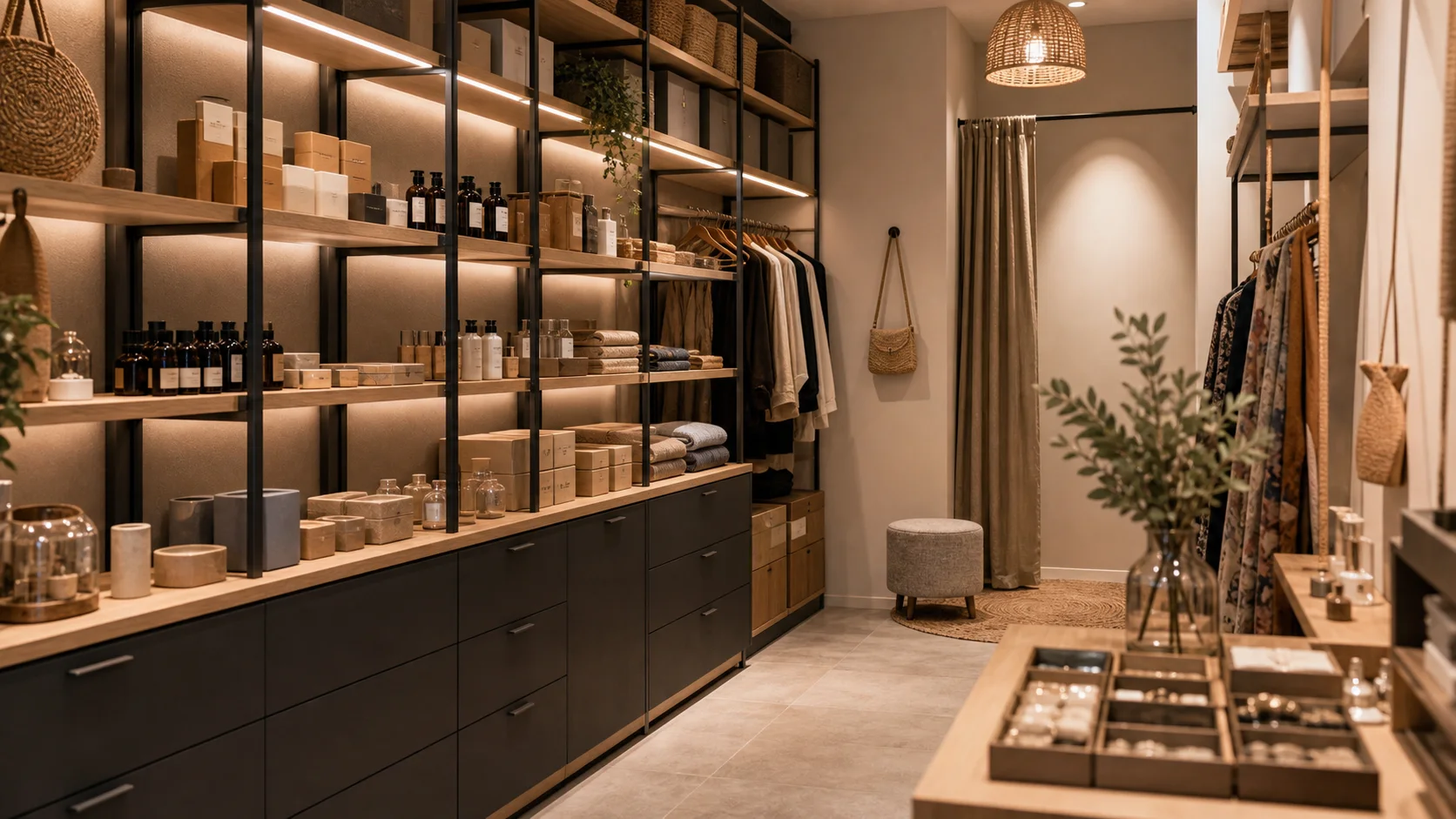 Rangement vertical et stock discret dans une boutique compacte