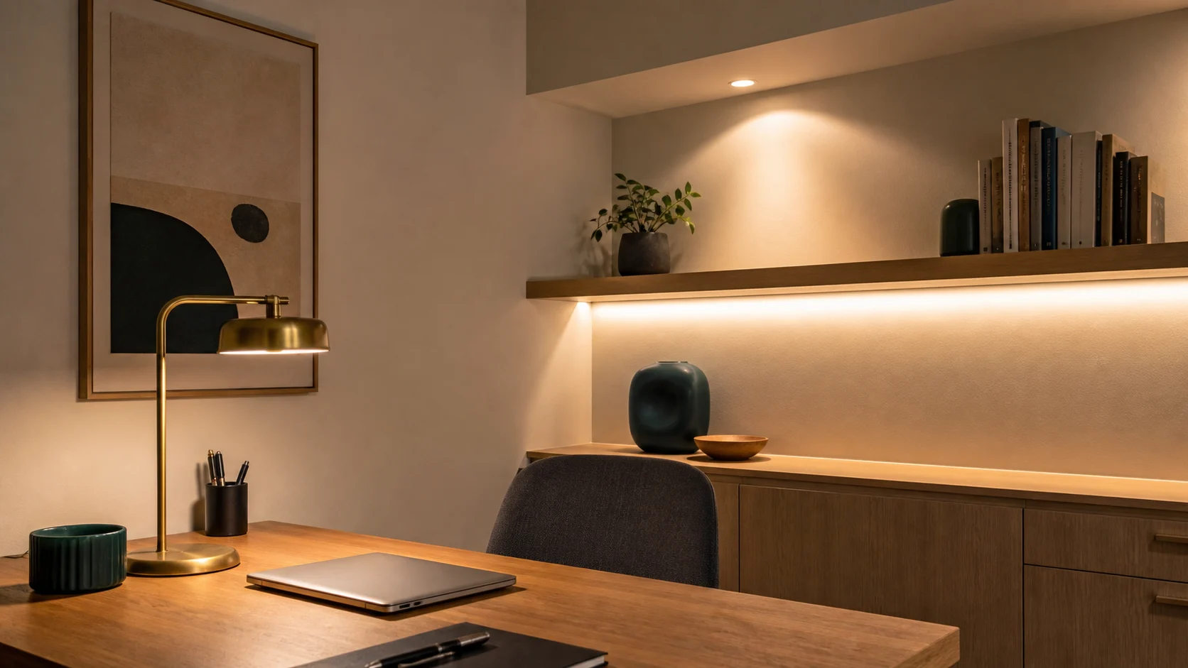 Éclairage en couches dans un bureau sans fenêtre avec lampe de bureau et lumière indirecte