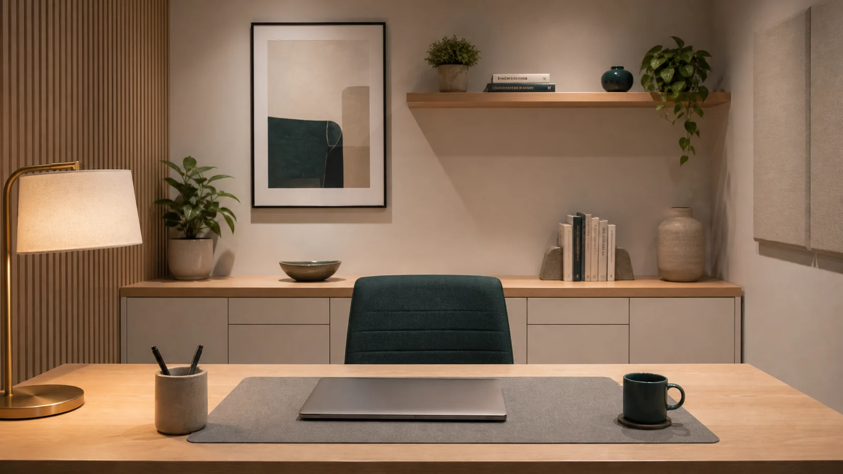 Bureau sans fenêtre rangé avec arrière-plan composé pour les visioconférences