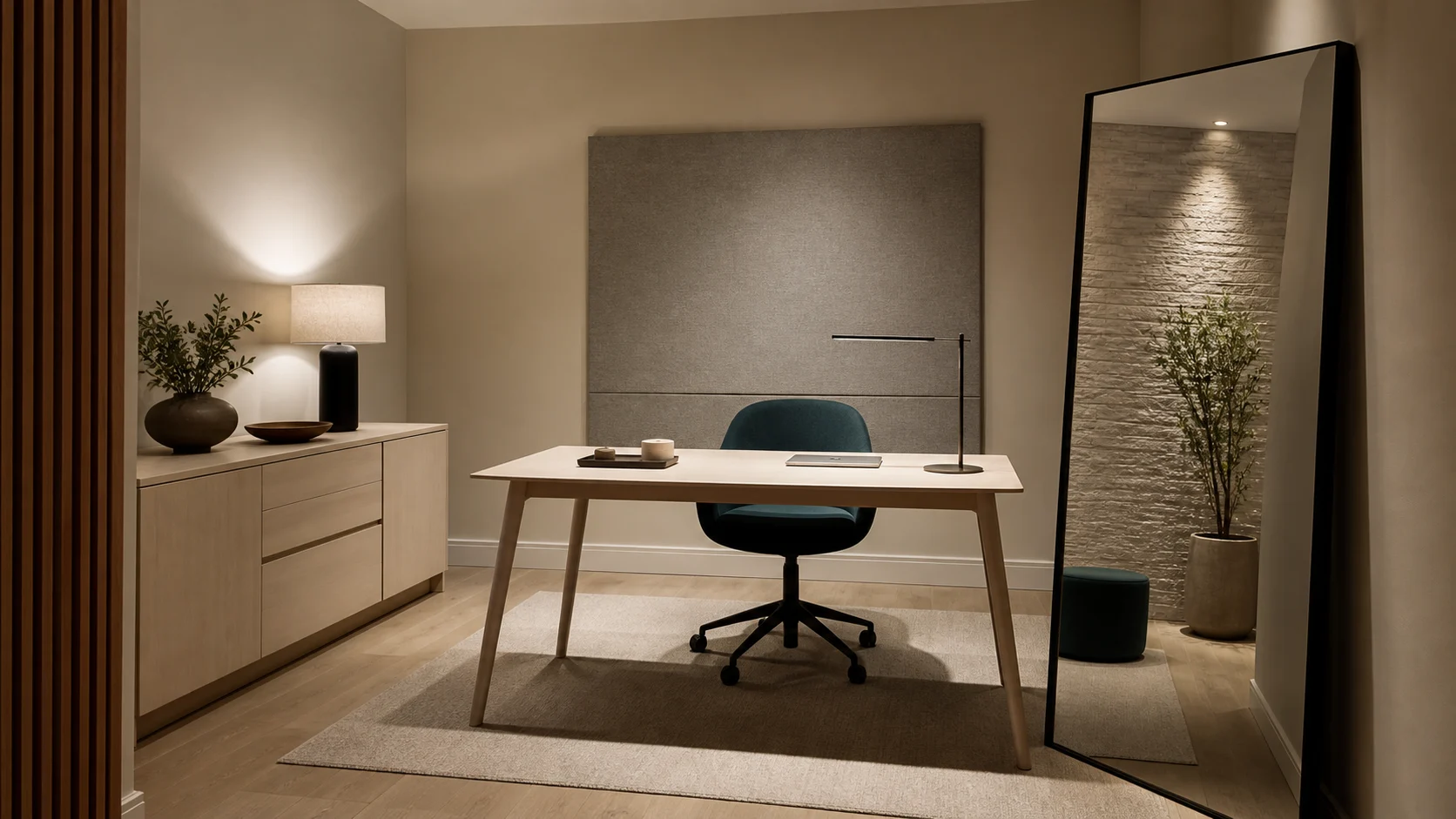 Bureau sans fenêtre avec mobilier léger, panneau acoustique et miroir pour créer de la profondeur